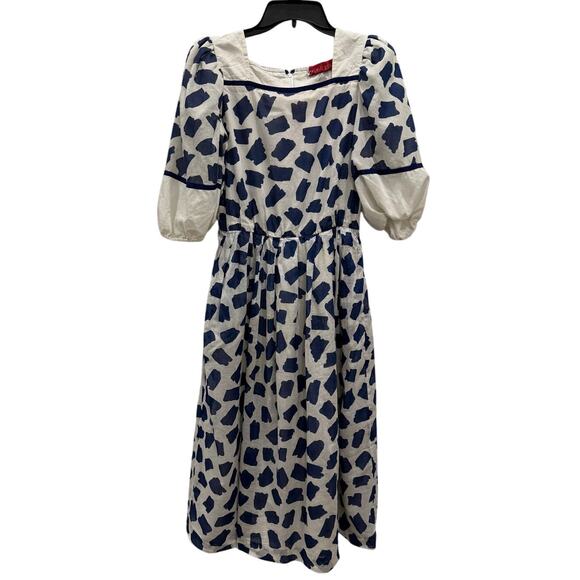 Vtg Richard Warren Blue White Splotch Print Puff Sleeve Midi Dress M Coquette - Picture 1 of 7